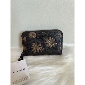 Coach Small Zip Around Coin Case Wallet Floral Daisy Print Brown Leather CF354